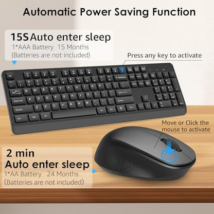 BKA BYA Wireless Keyboard and Mouse Combo,Full Size Quiet Bluetooth Keyboard and Mouse, 2.4GHz USB Receiver, Cordless Silent Keyboard and Mouse for PC, Windows, MAC, Laptop, Black