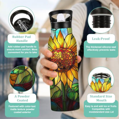 Insulated Water Bottle,Stained Glass 20 oz Stainless Steel Water Bottles with Straw Lid,Sunflower Colorful Leak Resistant Double Insulated Flask with Handle,Fits Cup Holder,Keeps Drinks Cold - color: Stained Glass,Sunflower Colorful