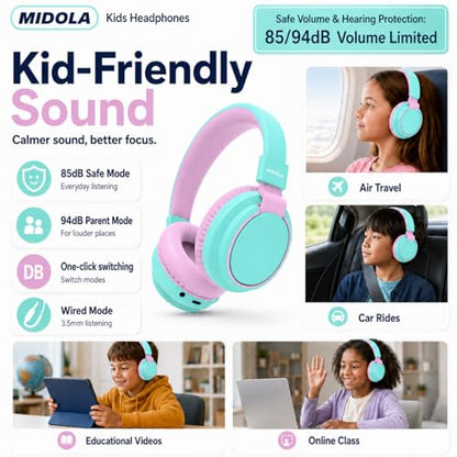 MIDOLA Kids Bluetooth Headphones 68H Play Time,Volume Limit 85/94dB, Foldable Lightweight Wireless Over-Ear Headphone for Toddler Kid Child Pad,Headsets with Aux Built-in Mic Cyan - color: Cyan