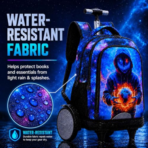 KLFVB Big Quiet-Glide Wheels Boys Backpack, 3-in-1 Rolling Bookbag Set with Lunch Bag | Water-Resistant Roller Bag for Kids, School, Travel, Play - Devil Soccer - color: Rolling Backpack with Big Wheels - Devil Soccer