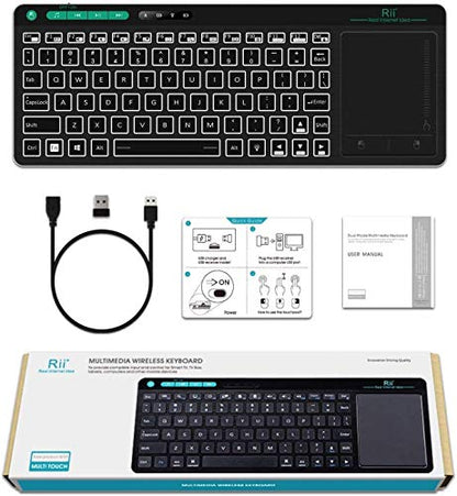 Rii K18 Plus Wireless 3-LED Color Backlit Multimedia Keyboard with Multi-Touch Big Size Trackpad,Rechargable Keyboard for Android TV Box,PC,Smart TV,Xbox,Raspberry Pi, HTPC IPTV,Windows, MacOS - style: 2.4G Version
