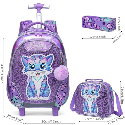 Kids Rolling Backpack for Girls Cat Trolley Suitcases Luggage with Wheels Bookbag Wheeled 3pcs on Lunch Box Pencil Case Elementary Teenagers Purple for Girls Age 5-12 - color: Purple-0130-maomi
