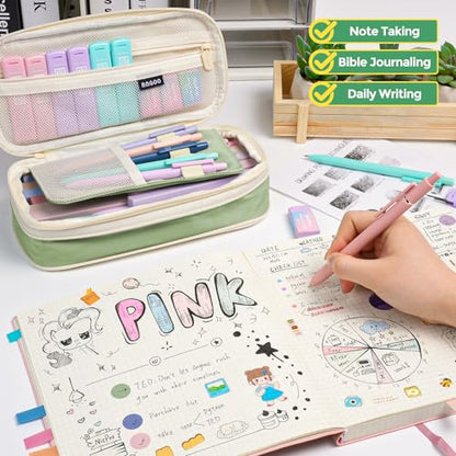 Nicpro 50PCS Aesthetic School Supplies with Cute Pencil Case, 5 Quick Dry Black Ink Pens, 12 Pastel Highlighters, 6 Mechanical Pencil 0.5, 0.7, 0.9 & 2.0 mm for Students Stationary College Essentials - color: Green, size: 2 Count (Pack of 25)