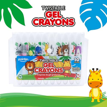 Pointer Twistable Gel Crayons Set for Children - 10 Bright Colors, Smooth & Washable, Non-Toxic Art Supplies for Drawing, School Projects, Crafts and Creative Learning Coloring Tool - Animal Design