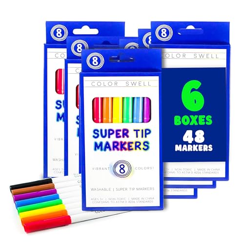 Color Swell Super Tip Markers 6 Boxes of 8 Washable Vibrant Colors (48 Total) Perfect Bulk Marker Pack for Kids, Parties, Classrooms - size: 6 Pack | 48 Markers