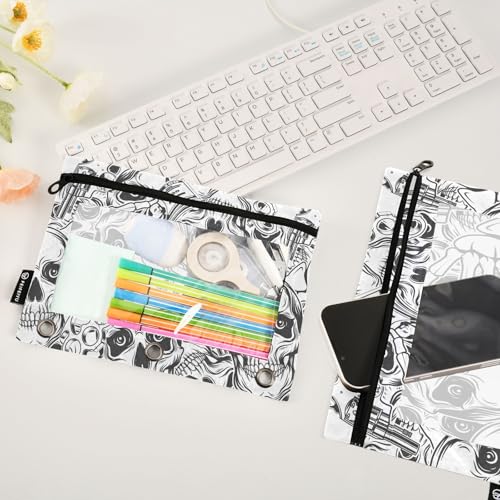 ZAZYXTJ Skeletons Skull Binder Pencil Pouchs 3 Ring with Zipper Clear Window Office Organizers bag for School Students Teacher Supplies 2 Pack - color: Skeletons