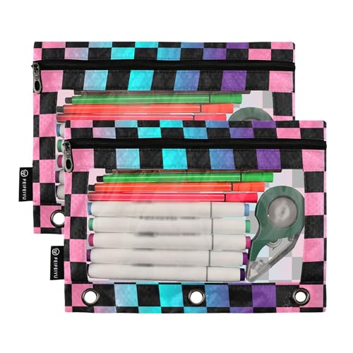 Rainbow Buffalo Plaid Binder Pouches 3 Ring for Boys Girls School Office College Supplies Purple Chessboard Pink Aqua Pencil Pouches Case Bag with Clear Window and Zipper 2 Pack - color: Purple