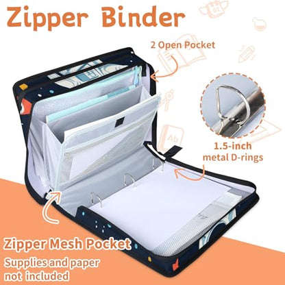 Custom Zipper Binder Galaxy Spaceman Rocket 3 Ring Binder 1.5 Inch Expanding Pockets File Folder Large Capacity Document Organizer Bag with Handle and Strap - color: Multi 3