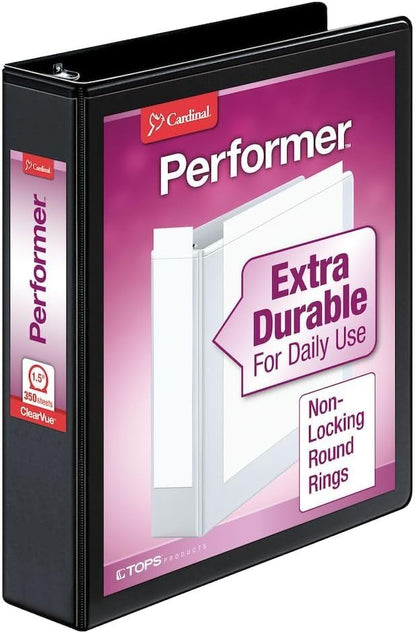 Cardinal 3 Ring Binder, Durable 1.5 Inch Performer ClearVue Binder, Round Rings, 350-Sheet Capacity, Customizable ClearVue Covers, PVC-Free, Black (67325) (Pack of 12) - color: Black, size: 1.5-Inch (Pack of 12)