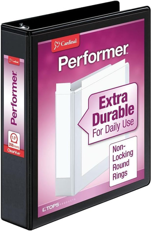 Cardinal 3 Ring Binder, Durable 1.5 Inch Performer ClearVue Binder, Round Rings, 350-Sheet Capacity, Customizable ClearVue Covers, PVC-Free, Black (67325) (Pack of 12) - color: Black, size: 1.5-Inch (Pack of 12)