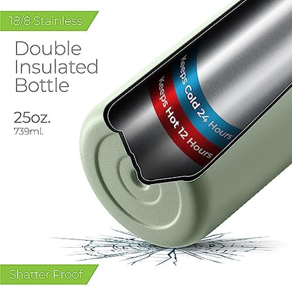 SipX™ 25 oz Insulated Water Bottle with 3 Lids – Leakproof Stainless Steel, Triple Insulated – Cold 24 Hours/Hot 12 Hours – Durable Bottle for School, Gym, Travel – Green - color: Green, size: 25 Ounces