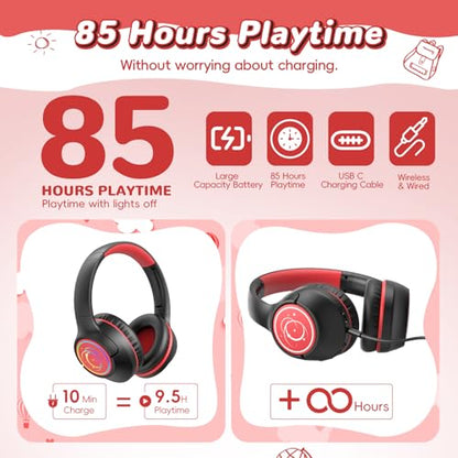 Kids Bluetooth Headphones, 85H Playtime Wireless Headphones for Kids, Colorful LED Lights, 85/94dB Safe Volume Limit, Bluetooth 5.4 Built-in Mic Toddler Headset for Tablet/Airplane/Travel (Black） - color: Black