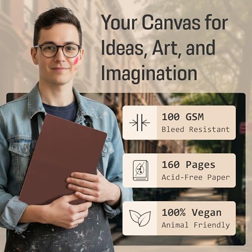 BROWNSTONE JOURNALS A4 Sketch Book Hardcover - 80 Sheets 100 GSM Paper 8.5"x11.5", Lay Flat, Vegan Leather Cover, Elastic Band, Back Pocket, Art Drawing Book (Chestnut Brown) - color: Chestnut Brown, size: A4 (8.5" x 11.5")