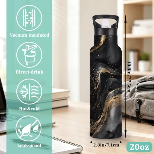 Water Bottles with Straw,Black Gold Marble Stainless Steel Cup Leak Resistant Double Wall Abstract Marble Insulated Water Bottle with Handle for Gym Cycling Hiking Office 20 oz - color: Black Gold Marble,Abstract Marble