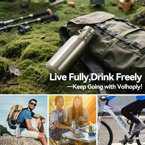 Volhoply 20oz Uninsulated Single Walled Water Bottle 4 Pack, Stainless Steel Reusable Water Bottles with Handle, BPA Free & Plastic Free 18/8 304 Metal Water Bottles for Camping, Hikers, Cyclists - size: 20 Ounces