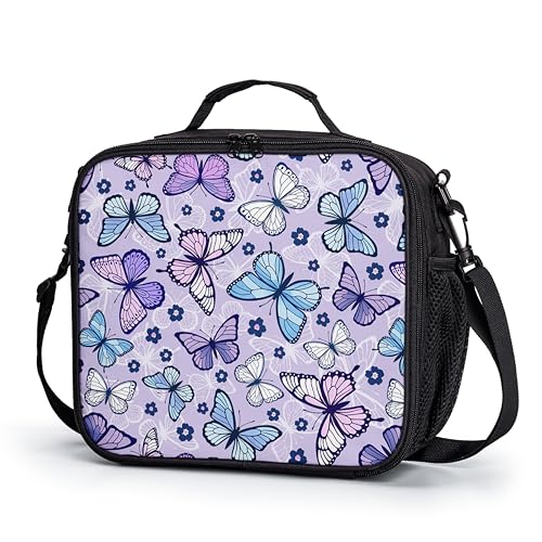 Purple Butterfly Lunch Box Colorful Butterflies Flowers Lunch Bag with Shoulder Strap for Kids Teens Durable Large Capacity Insulated Lunchbox Thermal Meal Bag for School Picnic - color: A-Purple Butterfly