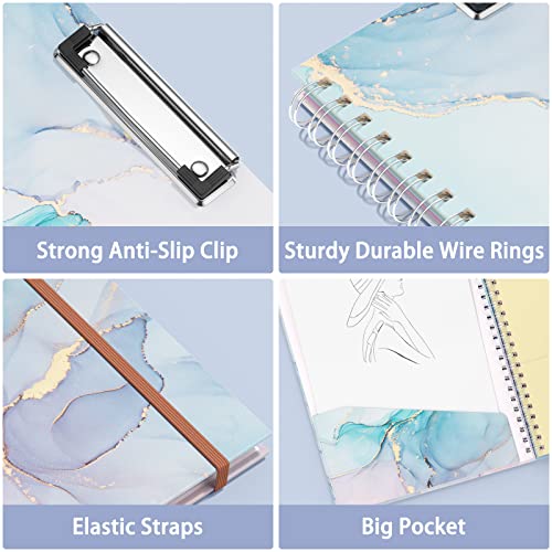 Rimilak Spiral Clipboard Folio with Refillable Lined Notepad, 14.5 x 9.8 In, Hardcover Cover with 5 Interior Pockets, Elastic Band and Pen Loop Series. Cute Stylish Clipfolio, Purple Marble - color: Purple Marble