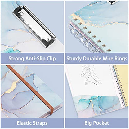 Rimilak Spiral Clipboard Folio with Refillable Lined Notepad, 14.5 x 9.8 In, Hardcover Cover with 5 Interior Pockets, Elastic Band and Pen Loop Series. Cute Stylish Clipfolio, Purple Marble - color: Purple Marble