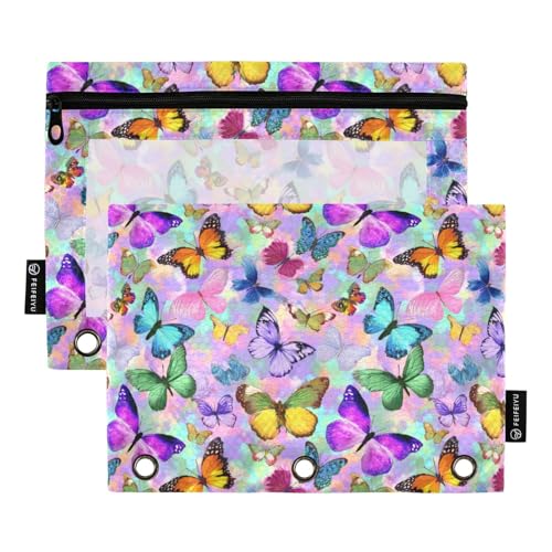 Binder Pouches,Tropical Colored Butterflies Pencil Pouch for 3 Ring Binder 2 Pack Clear Pencil Bag with Zipper for Office School Supplies - color: Multicolored 14