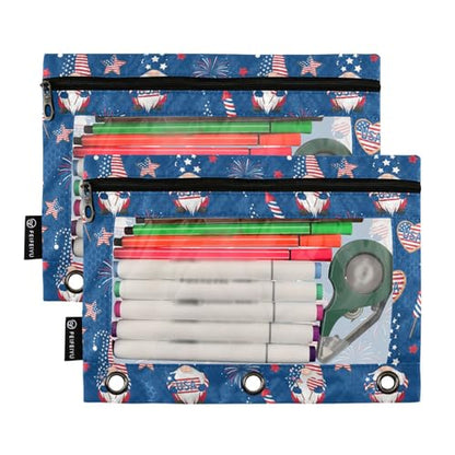 Emelivor Gnome 4th July Pencil Pouch for 3 Ring Binder 2 Pcs Binder Pouches with Zipper Pocket Pencil Case Bag with Clear Window for College Office Daily Supplies - color: 16-4th July