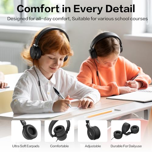 Classroom Headphones Bulk 10 Pack - Kids Headphones with Mic for School | 93dB Volume Limited On-Ear Wired Headset with Microphone, Durable 3.5mm Jack for Class Set Library Computer (Black) - color: Black