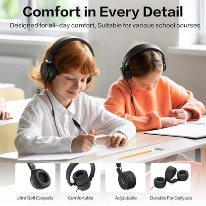 Classroom Headphones Bulk 10 Pack - Kids Headphones with Mic for School | 93dB Volume Limited On-Ear Wired Headset with Microphone, Durable 3.5mm Jack for Class Set Library Computer (Black) - color: Black