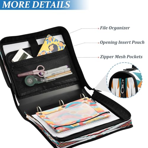 Aztec Waterproof Zipper Binder with Shoulder Strap, 3-Ring Trapper Keeper with Lay-Flat Design and Multiple Compartments for School & Office, Adults & Kids