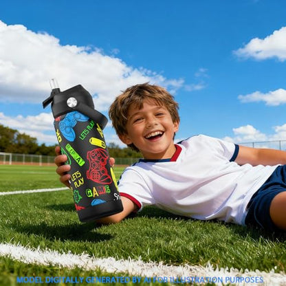 Boys Game Water Bottle for School，Kids 18 oz Insulated Stainless Steel Cup with Straw, Double-Wall Vacuum Leakproof - color: C8.Game