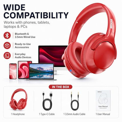 MIDOLA Bluetooth Headphones Over Ear, 68H Playtime Wireless Headphones with Microphone, 6 EQ Modes, HiFi Stereo Deep Bass, Foldable Lightweight Headset for Home Office, Cellphone, PC, Red - color: Red