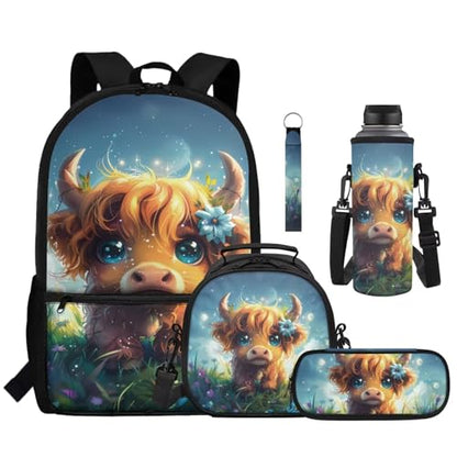 Cute Highland Cow Kids School Backpack Set with Lunch Bag Pencil Case and Water Bottle Carrier 5 Pieces Large Capacity Backpack for Travel and School - color: Cute Highland Cow
