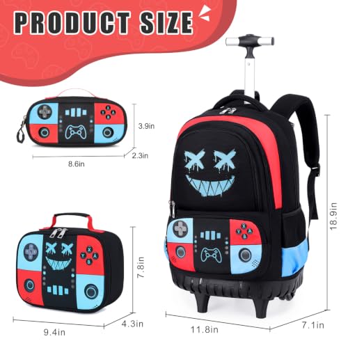 Bevalsa Rolling Backpack for Boys,Cool Luminous Gamer Roller School Backpacks with Lunch Box & Pencil Case,Kids Wheeled Schoolbag Bookbag with Wheels for Kindergarten Elementary School Travel - color: Red Blue Smile