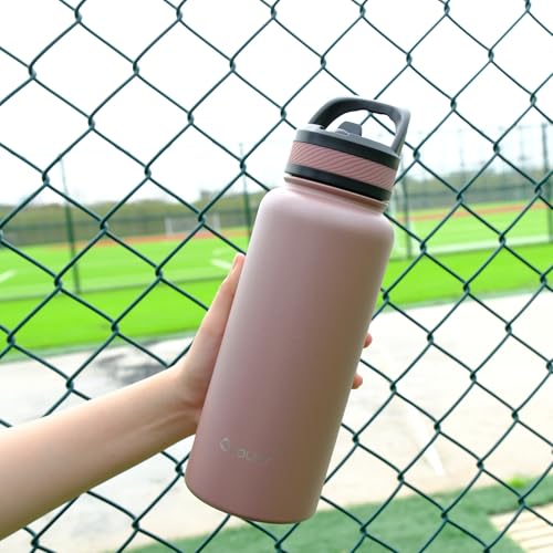 OLDLEY 32 oz Insulated Water Bottle With Straw, Stainless Steel Sports Water Cup Flask with 3 Lids(Straw, Spout and Handle Lid) Double Walled Travel Thermal Canteen Mug,Rose Gold - color: Rose Gold, size: 32 Ounces