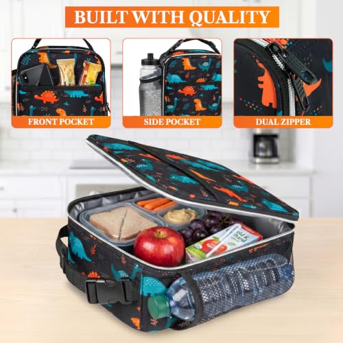 opux Insulated Lunch Bag for Kids Boys Girls, Small Compact Lunch Box with Wide Opening & Mesh Pockets, Reusable Lunch Pail for School, Work, Adults, Men, Women, Dinosaur - color: Dinosaur