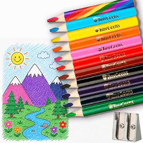 TinyGeeks Jumbo Color Pencils Set For Kids - Short Fat Triangle Pencils for Kids Ages 3-7 - For Preschoolers, Kindergarten, Toddlers, Beginners - Triangular Shape With Sharpeners