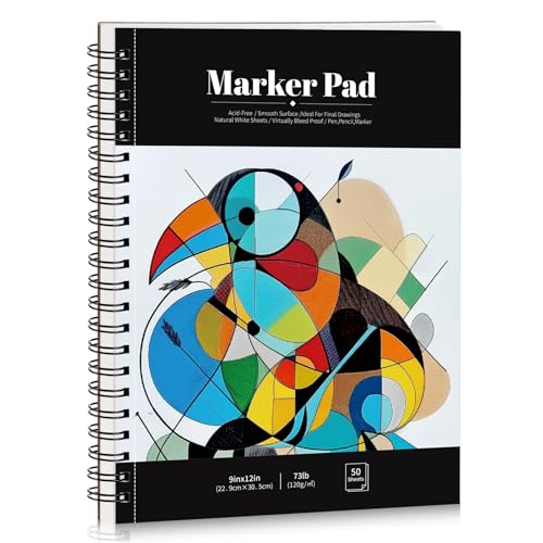 50 Sheets Marker Paper Pad, 9×12 Inch Bleedproof Art Sketch Pad, 73lb/120gsm Drawing Paper Spiral Sketch Book, Painting Coloring Alcohol Marker Paper for Beginners, Artists, Gift, Christmas - size: 9×12 inch (50 Sheets )