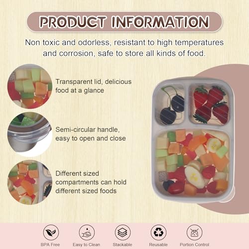 Honeydak 5 Pack Snack Containers 3 Compartment Bento Snack Boxes Divided Meal Prep Containers with Lids Reusable Adults Lunch Food Storage Box for School Work Travel(Brown) - color: Brown