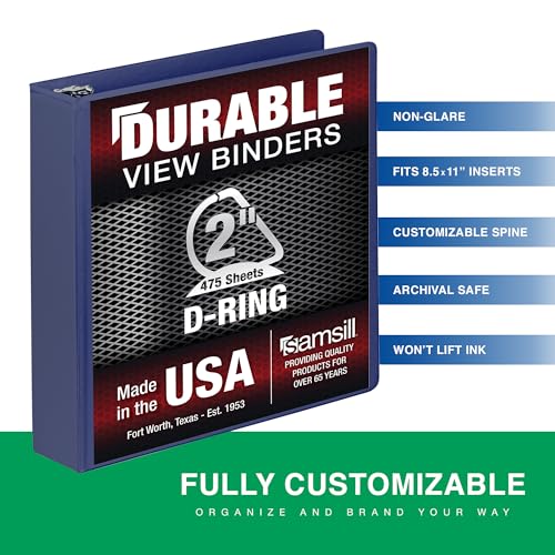 Samsill Durable 2 Inch Binder, D Ring Binder, Customizable Clear View Cover, Midnight Blue, Holds 475 Pages