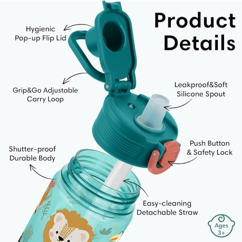 Kids Water Bottle with Bite & Sip Straw, Excavator/Jungle Animals | 13oz Toddler Water Bottle · BPA-Free, Handle, Leak-Proof, and Pop-Up Spout Cover · Safe for School Sports Travel & Camp
