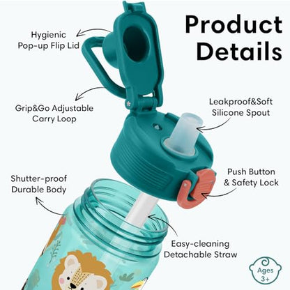 Kids Water Bottle with Bite & Sip Straw, Excavator/Jungle Animals | 13oz Toddler Water Bottle · BPA-Free, Handle, Leak-Proof, and Pop-Up Spout Cover · Safe for School Sports Travel & Camp