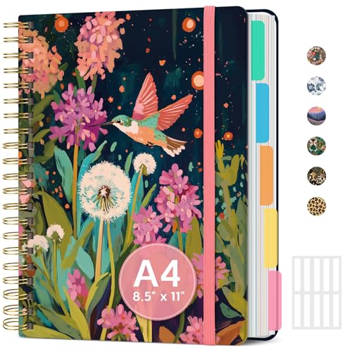 Large Spiral Notebook with Dividers & Tabs, 8.5" x 11" Hardcover 5 Subject Notebook for Work, 280 Pages, College Ruled, Cute Journal for Women, Perfect for Study & Office Note Taking, Humming Glow - color: I-Humming Glow
