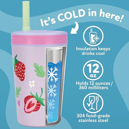 Nuby Thirsty Kids Insulated Toddler Cup with Silicone Flexstraw - 12 oz - Stainless Steel and Leak-Resistant - 18+ Months - Strawberries - color: Strawberries