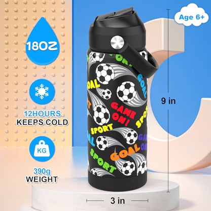 Boys Soccer Water Bottle with Straw,18 oz Kids Insulated Cups with Stainless Steel Leak Proof for School,Sport&Travel（Soccer） - color: A13.Football
