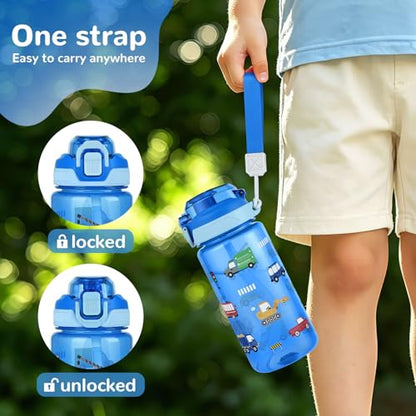 20oz 2 in 1 Removable Straw and Spout Kids Water Bottle with Pop-Up Lid & Lock, BPA-Free, Plastic Sports Water Bottle, Handle Strap, Dishwasher Safe, Boys & Girls, Transportation