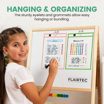 7-Pack Dry Erase Pockets – 10x14 Heavy Duty Sleeves with Cloth Binding – Fits 8.5x11 or 9x12 Worksheets – Includes 1 Ring and 1 Hook – Classroom and Office Use - style: MultiColor (7 Pack)