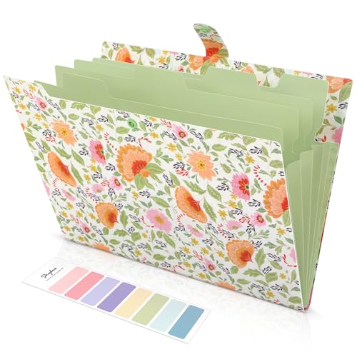 SKYDUE Accordion File Organizer, Floral Expanding File Folders with 5 Pockets, Cute Document Organizer for Paper Bills Receipt Storage, School Office & Hospital Supplies Letter/A4 Size Pea Green - color: Pea Green