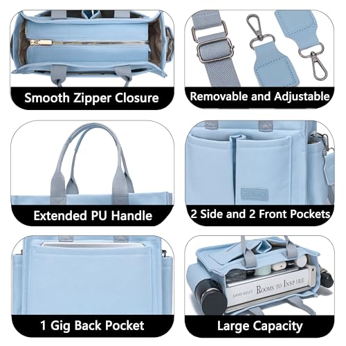 ZHMO Canvas Tote Bag for Women,Women's Bags Crossbody Bags Work Laptop Tote Bag Large Handbags Purse for Travel Nurse Teacher - color: New Upgrade Light Blue With Compartments and Side Cup Holders