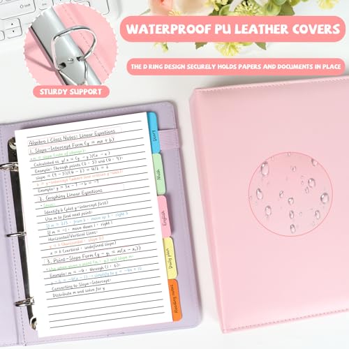 2 Pack Mini Size 3 Ring Binder 1 Inch Rings 5 Colors Dividers Pu Leather Binders 5.5" X 8.5" Holds 200 Sheets Paper Three Ring Binder DRing with Pen Loop 1 Pockets School Office (Purple&Pink) - color: Purple&pink, size: 1"D Ring