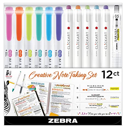 Zebra Pen Creative Notetaking Set 12-Pack, Includes 6 Highlighters, 5 CLiCKART Retractable Marker Pens, and 1 Sarasa Retractable Gel Pen, Assorted Ink Colors, Ideal For Note-Taking (12012) - style: Journaling and Planning Set