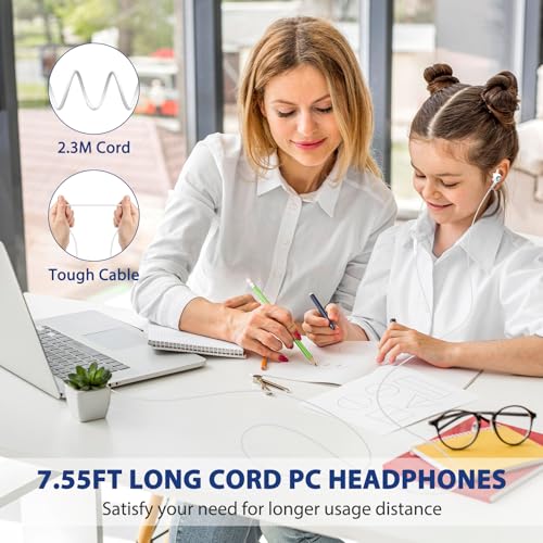 ASKUBSKU USB Headphones Earbuds with Microphone for PC 7.5 Ft Cable, White | USB A Headphones for Computer Office Meeting, Wired Headset with Mute Stereo Call Laptop Earphones for Dell/Surface - color: White