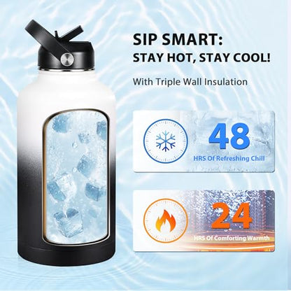 Insulated Water Bottle 64 oz, Triple Wall Vacuum Stainless Steel Water Bottles (Cold for 48 Hrs), Leak Proof & Non-BPA, Half Gallon Water Flask Jug Wide Mouth Straw Lid & Spout Lid - color: Day&Night-A, size: 64 Ounces